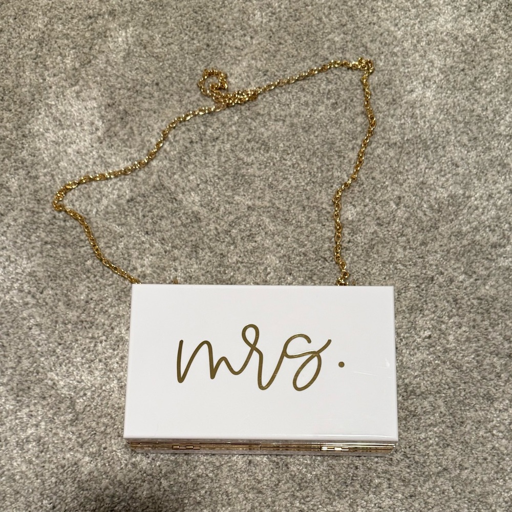 White 'mrs.' Box Clutch with Gold Chain